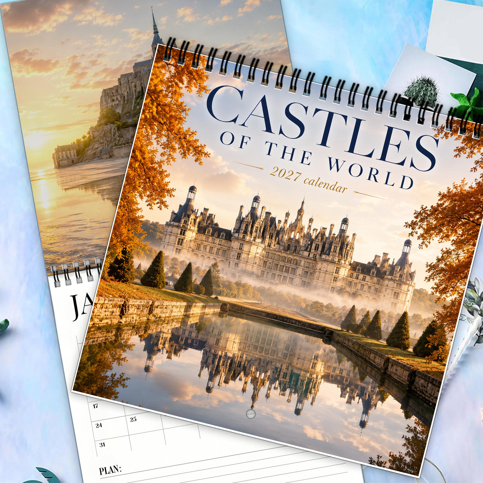 TEMU 1pc 2027 Castles Wall Calendar With Monthly Pages, Historic European Architecture Scenic Photography, Fairy Tale Picture, Twin-wire Hanging