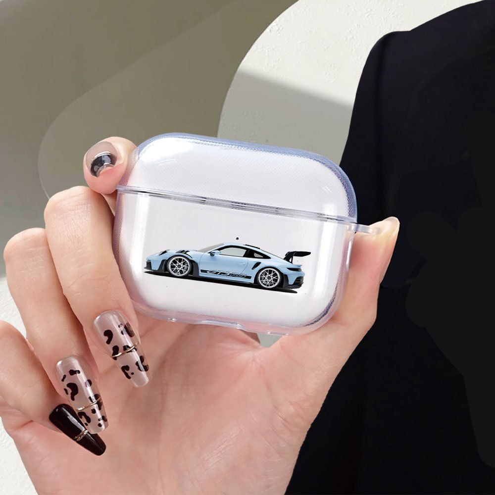 E-shop Kreatives blaues Sportwagen-Design, transparente Schutzhülle passend für AirPods 4/für AirPods 3/für /Pro/, flache Druck Anti-Fall, weiche