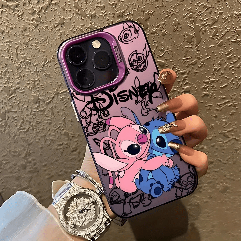 Authorized Disney, Cute Angel And Stitch Pattern Phone Case, Compatible with for iphone 16 Pro Max, 15 Pro/14 Pro/13 Pro/12 Pro/12/11/11 Pro Max. Made of TPU Material, Featuring Graffiti Print, Colorful Silver Hard Shell, Shockproof And Scratch-Resistant Protective Cover.