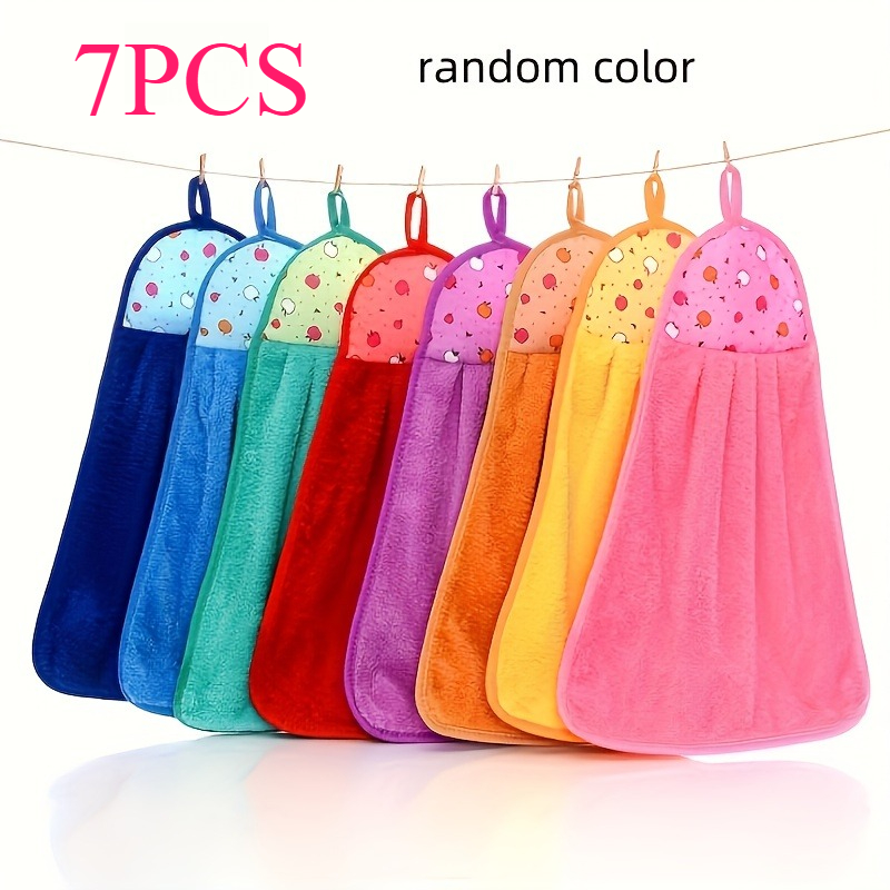 TEMU 7 Random Color Quick-drying Hand Towels, Super Absorbent Coral Fleece Towels, Macaron Pink/turquoise Blue//light Purple, Compact Hanging Design,