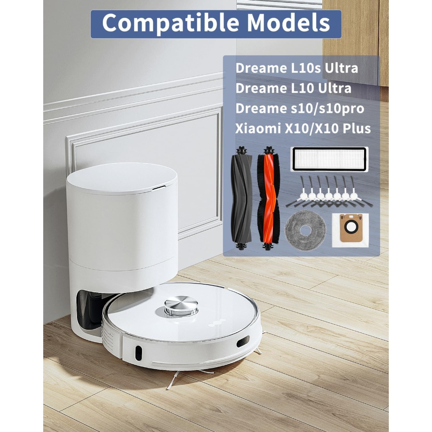 set of additions for the for xiaomi x20   l10  l10 ultra l10 prime robotic vacuum including 2 main brushes 4 filters 4 mop cloths 6 side brushes 4 dust bags and 1 cleaning brush