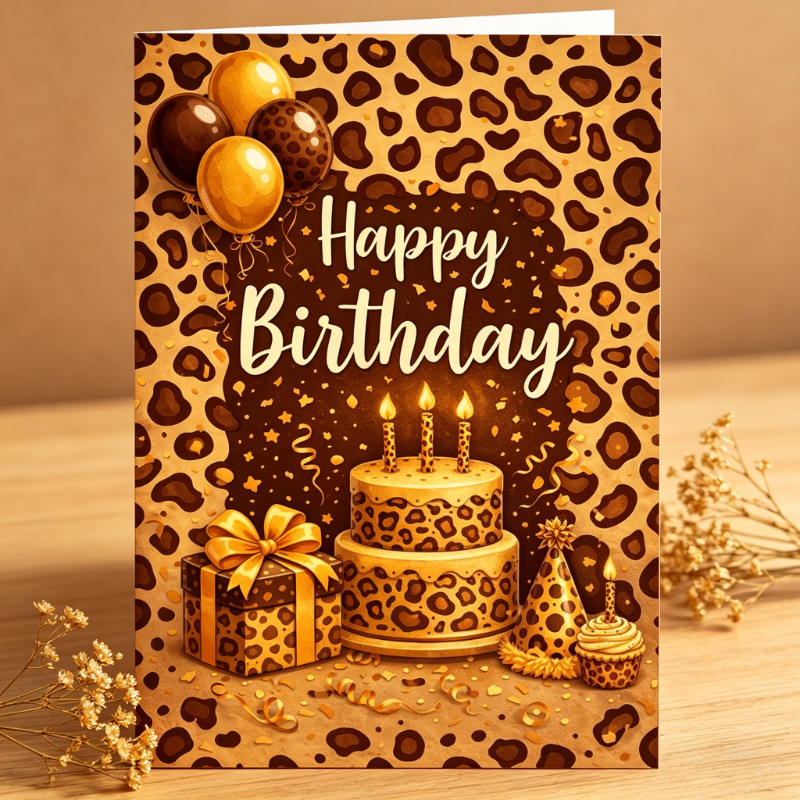 Image of A Stylish Birthday Card Featuring A Leopard-print Cake, Balloons, And Confetti, With "happy Birthday" Printed On It. Perfect For Or , Ideal For Birthday Celebrations. Leopard-print A