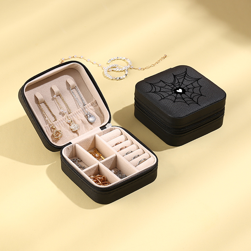 TEMU Black & White Contemporary Zipper Jewelry Boxes Gothic Heart Web Print Bag Compact Travel - Friendly Cases For Organizing Enthusiasts, Perfect
