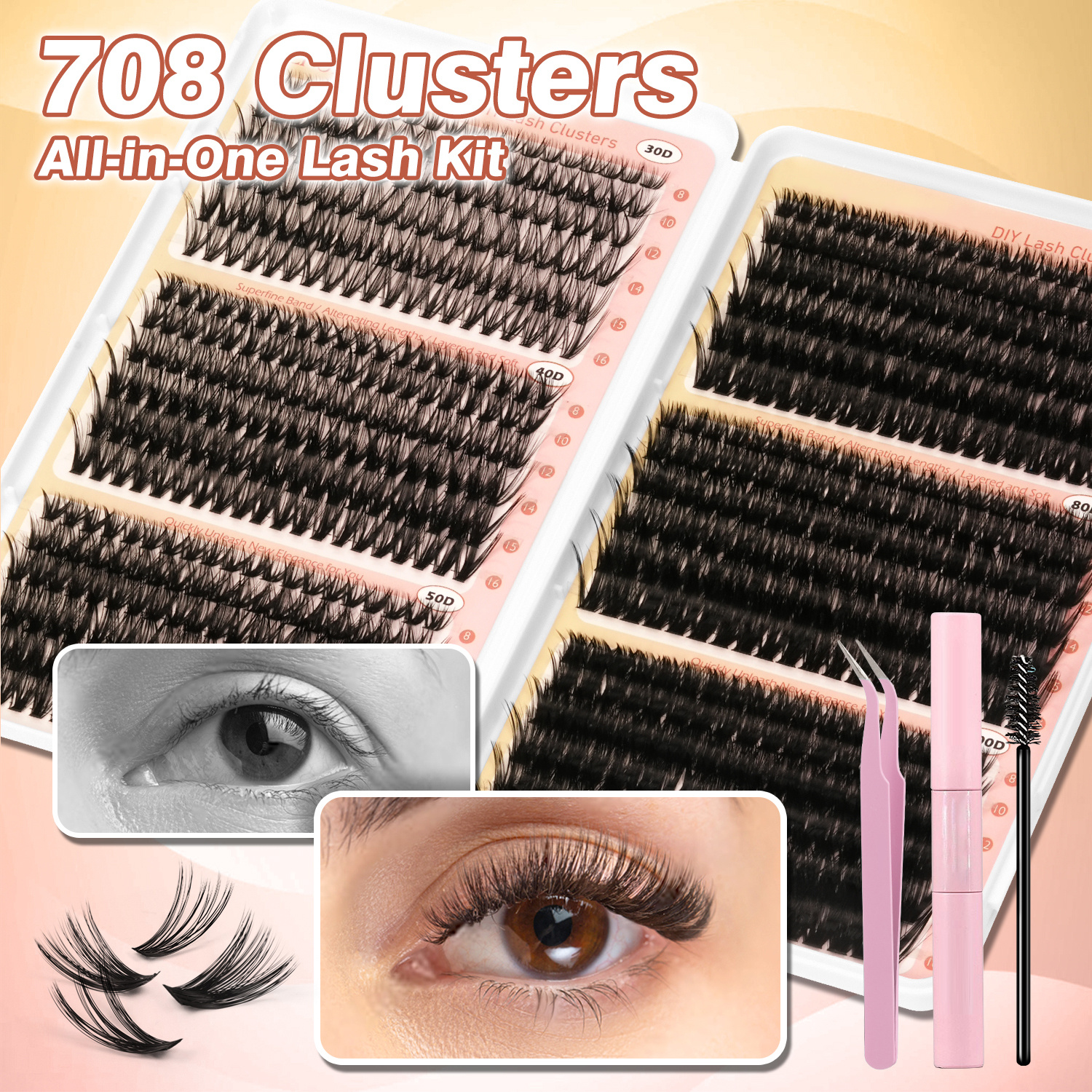 TEMU 550pcs/10pairs/130pcs/708pcs Large-capacity Dense Lash Clusters, Mixed Length Spiked Soft And Fluffy Lash Clusters, Comic Style Makeup Look,