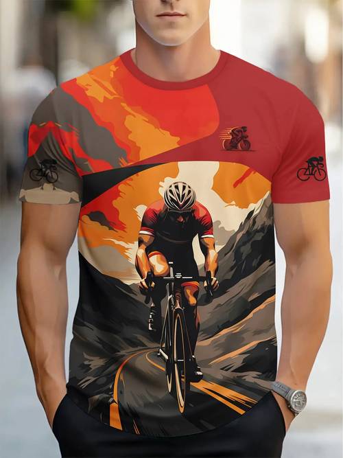 item picture mens plus size t shirt mens cycling jersey mountain bike sports graphic t shirt with orange red gradient background breathable fabric suitable for cycling and casual wear durable sports top for cycling enthusiasts