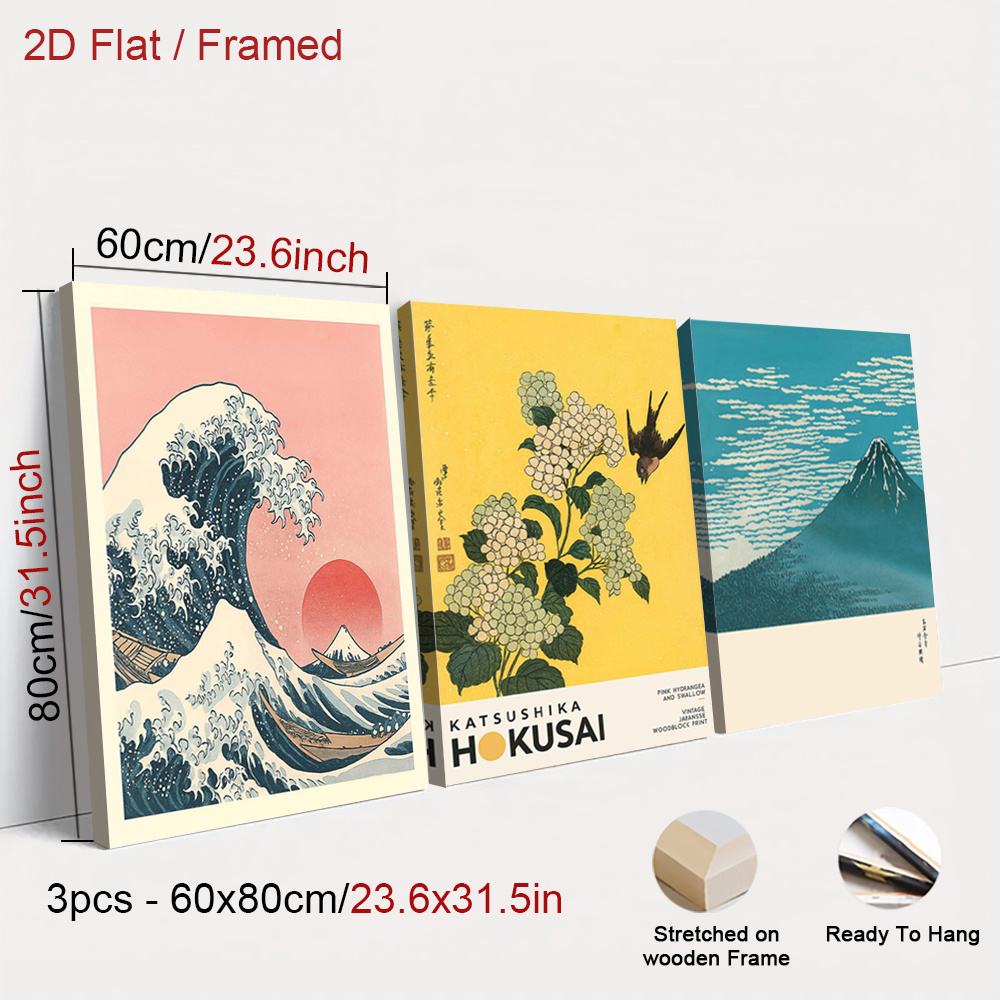 TEMU 2d Flat, 2d Flat, 3pcs Framed Japanese Art Art Prints Poster, Traditional Canvas Painting, Prints Wall Decor, Classic Wall Arts, Retro Wall