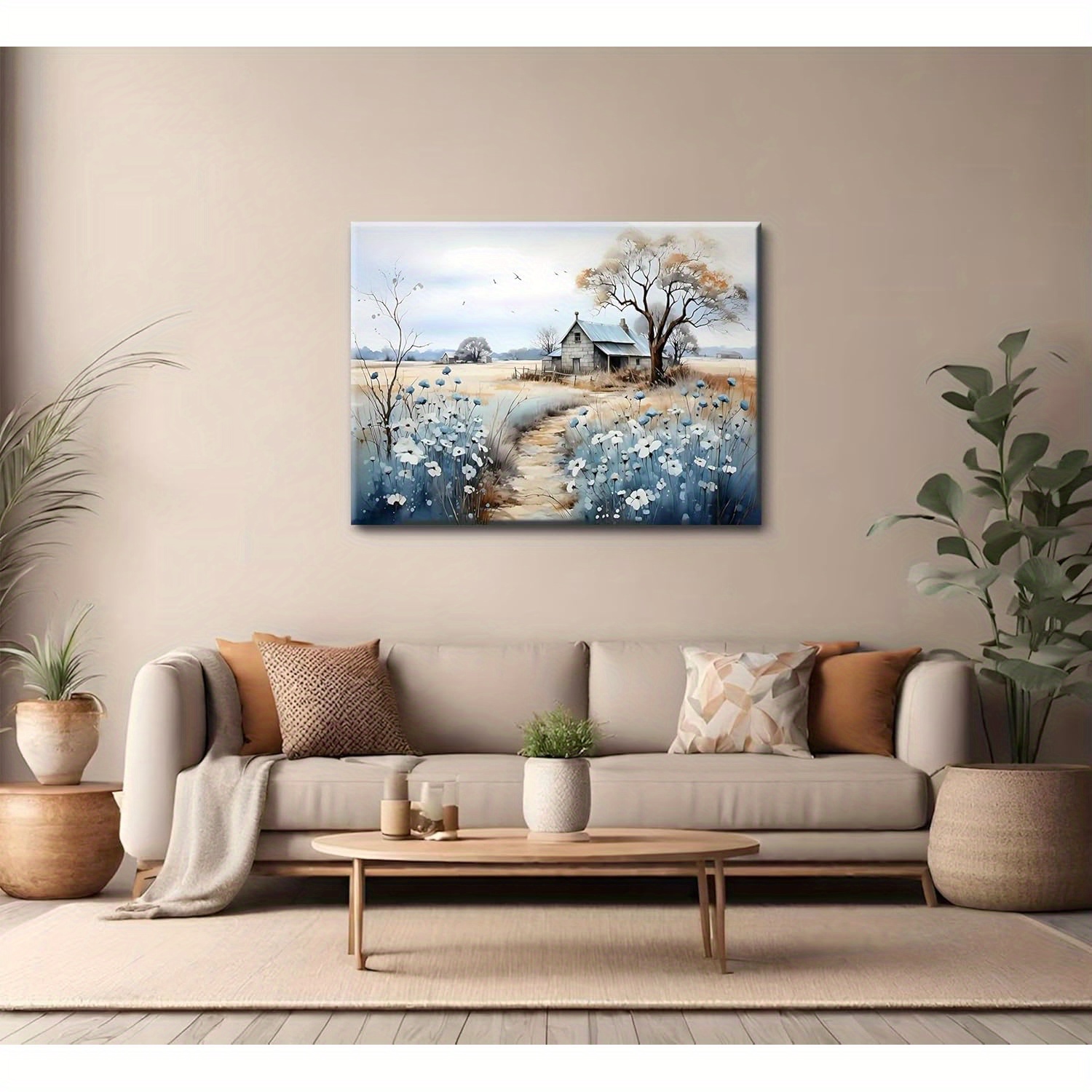 

Room Decor Rustic Farmhouse Canvas , Beautiful Field Of Wildflowers With Barn, Nature Scenery Painting, French Poster For Bathroom, Bedroom, Living Room, Office Wall Decor