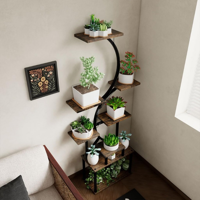 8 tier indoor metal and wooden plant stand with multiple flower pots display shelves for living room patio balcony decor durable and stylish plant holder for modern spaces indoor plant stand elegant plant display metal plant stand details 3