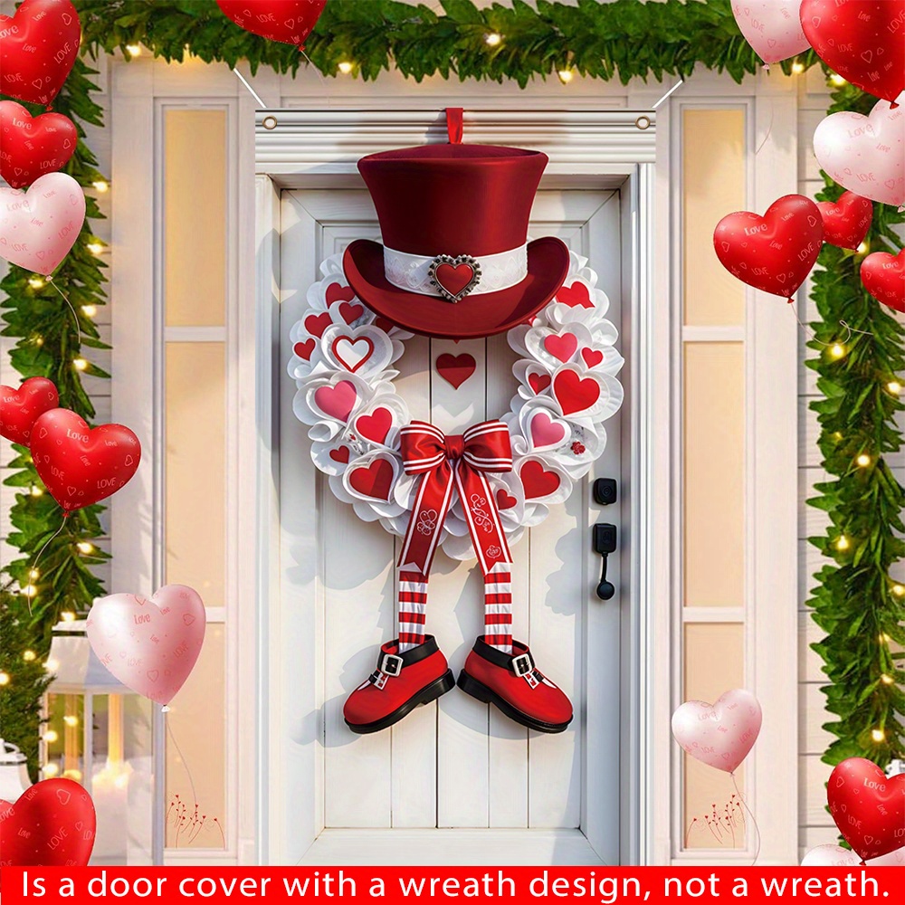 

Happy Valentine's Day Door Cover - Romantic 2d Love Wreath Design, Polyester Porch Banner For Wedding & Anniversary Decorations, Party Banner, Front Door Photography, Home Hanging Decoration