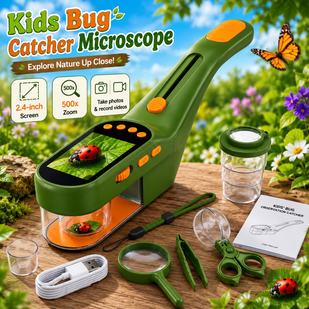 TEMU Microscopio per bambini 500X con ,4", luce di riempimento a 8 LED, registrazione foto e video, batteria da 1000mAh, trasmissione pz Type-C, kit