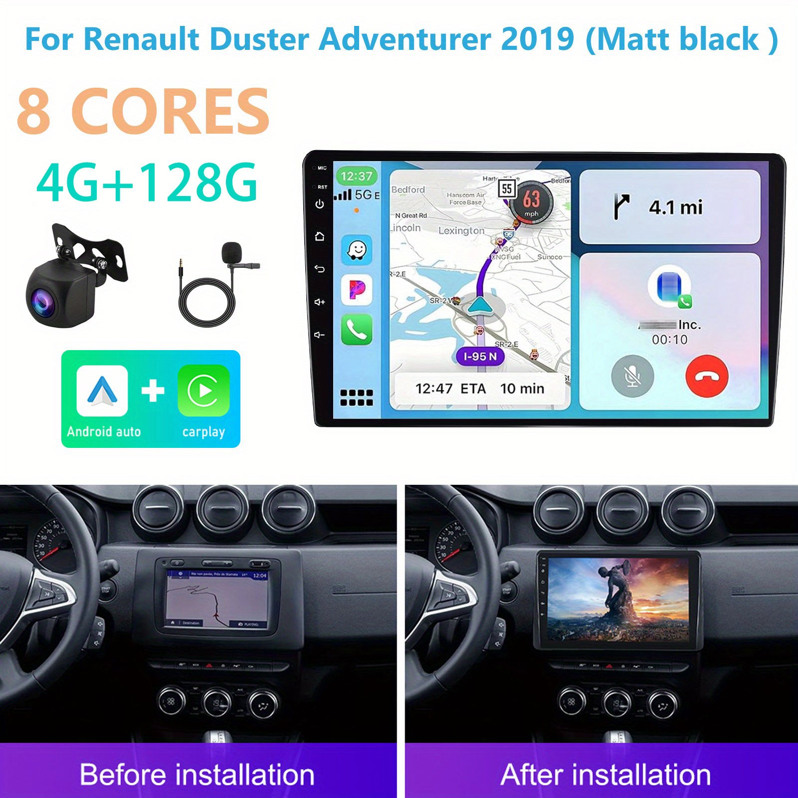 Image of For Renault Duster Adventurer 2019 (matt Black) 4g+128g Carplay, 15 Car .1 Inch 8 Cores Touch Screen Auto Gps Navigation Dsp B/ T Fm Wifi Backup Camera Mic, Car Dvd Player