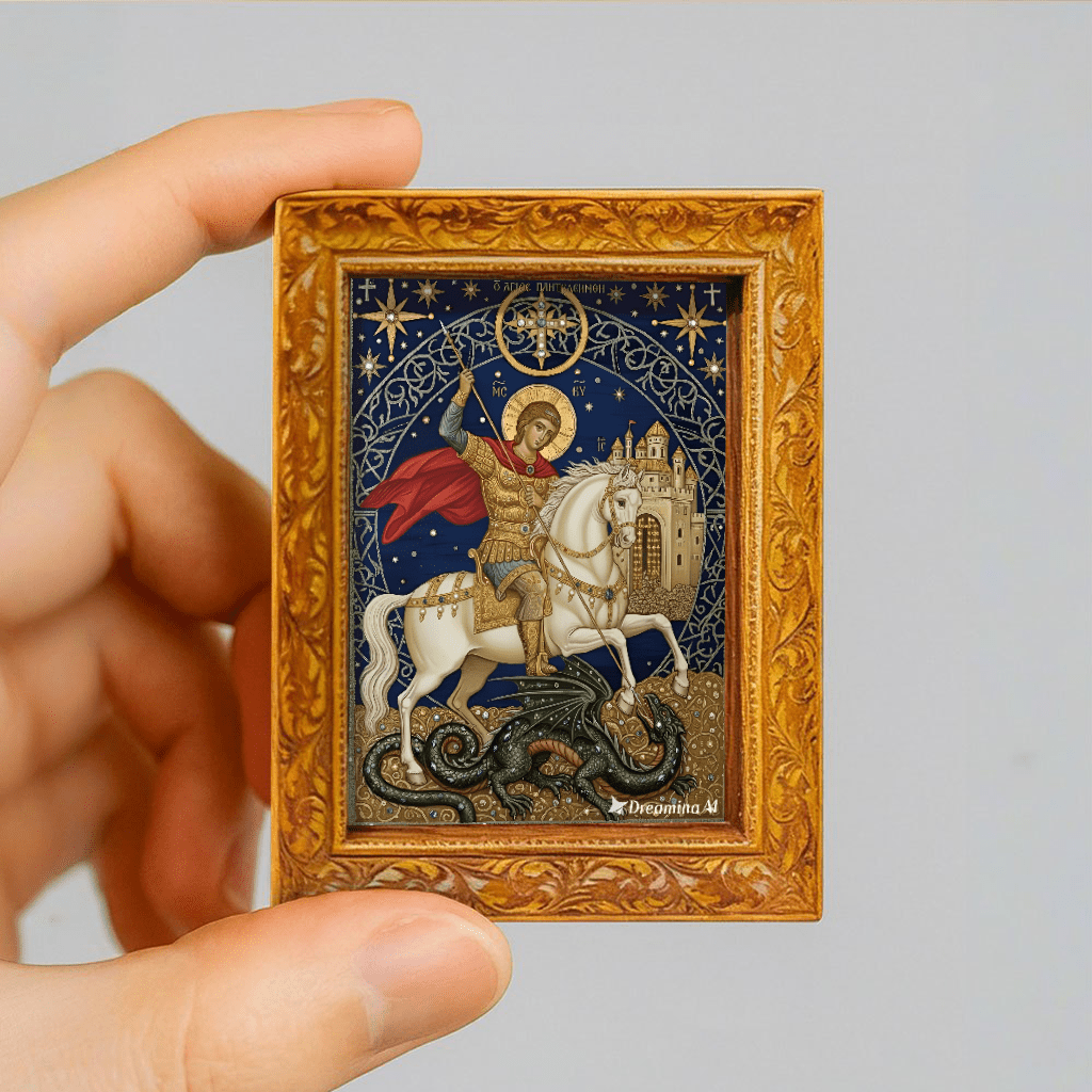 TEMU Wooden Framed Refrigerator Magnet, Featuring The Orthodox Icon Of The Dragon. Is Depicted In Gilded Armor, Riding A White Horse, Holding A Spear