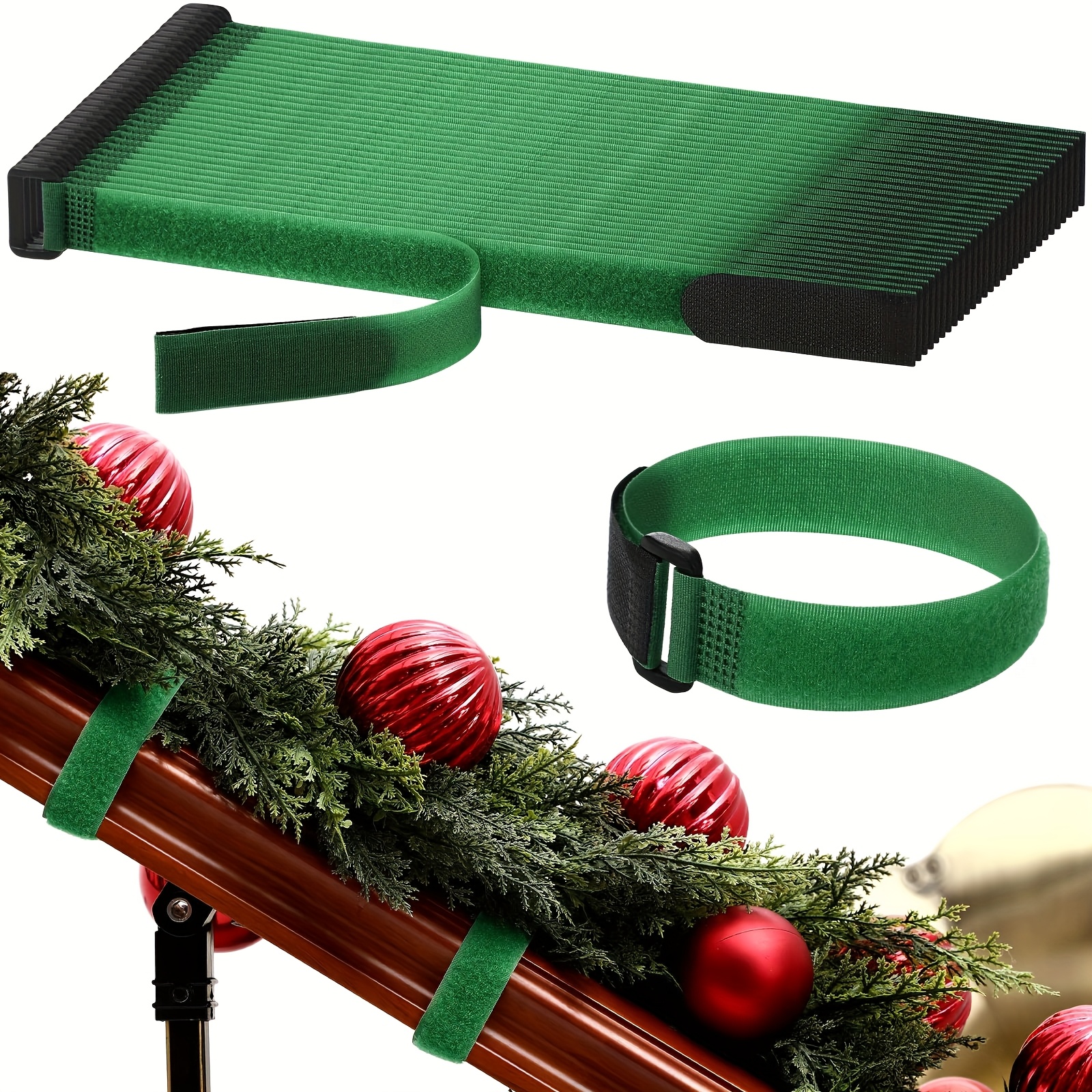 Image of 13pcs Green Reusable Adjustable Stair Railings& Banister Decorations| Heavy-duty Christmas Garland With Clips, For Stairs, Balcony, Picket Fence- Use,, Contemporary Style, Fits 12-inch Rail