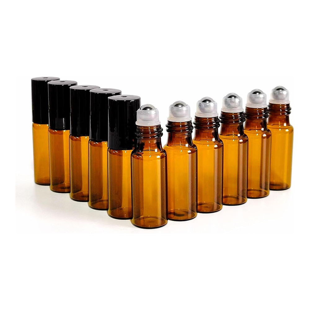 Image of A Pack Of 10 Amber Glass Roller Bottles, Each 5ml, Designed For Essential Oil Samples With Stainless Steel Rollers And Black Caps, Perfect For Travel-sized Perfumes
