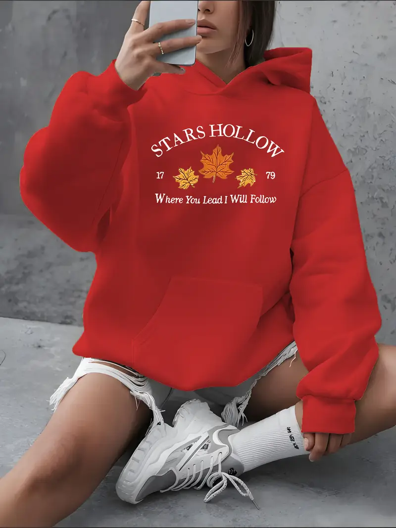 Red Women'S Pink "Stars Hollow" Graphic Hoodie - Cozy Fall & Winter Casual Pullover with Maple Leaf Design