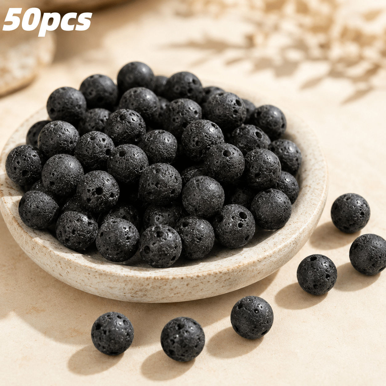 Image of 50pcs 8mm Natural Black Beads Full-hole Lava Mineral Spheres, Hand-polished Natural Hand Bead Stringing ; Bracelets, Necklaces, Handheld Handstrings, Spacer Beads