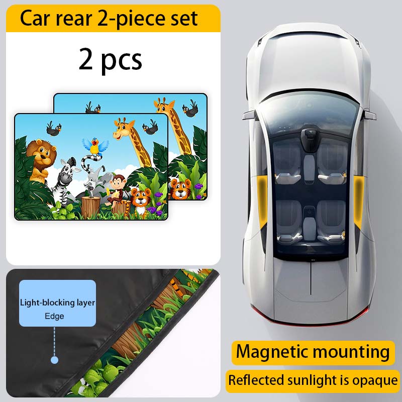 E-shop 2er-Set Cartoon Auto Sommer Magnetische Heckscheiben-Vorhänge 2D Flachdruck - Modisches Design Universal Typ Sommer Wärmeisolierendes und