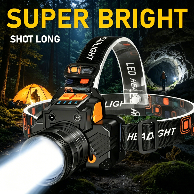 TEMU Lampe de poche/lampe frontale portative (câble USB) avec fixation sur , projecteur à focalisation réglable, projecteur, lampe frontale d', pour