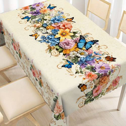 spring summer floral tablecloth suitable for indoor outdoor use vintage roses butterflies rectangular table cover colorful roses design durable machine polyester fabric suitable for holiday parties mothers day gift decor