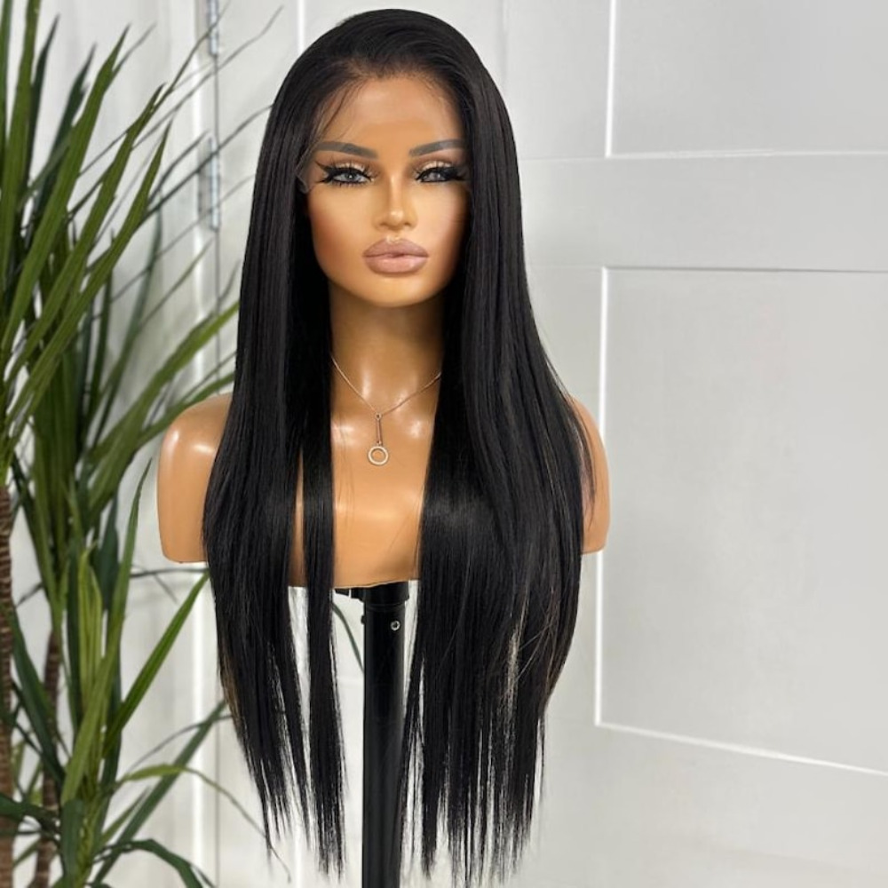 TEMU Perruque synthétique résistante à la chaleur pour femmes avec un devant en dentelle noire, dotée d'une partition profonde pré-pinceautée 13X4 et