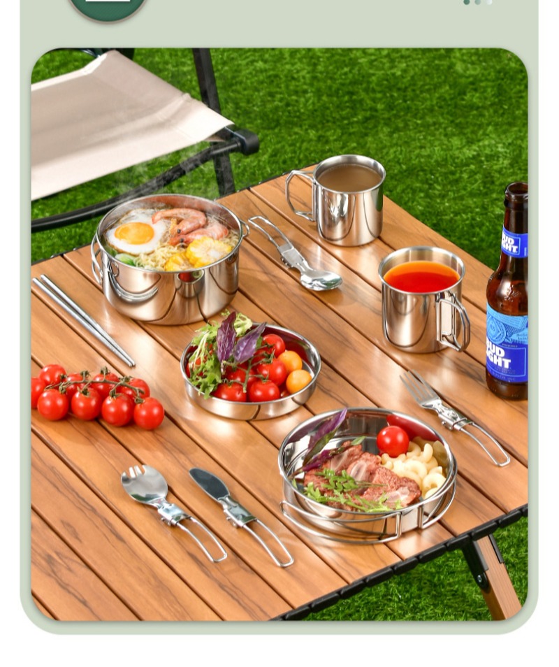 6pcs stainless steel outdoor cookware set   multi use board 2 folding pots frying pan cups with storage bag rust proof portable for camping picnics details 5