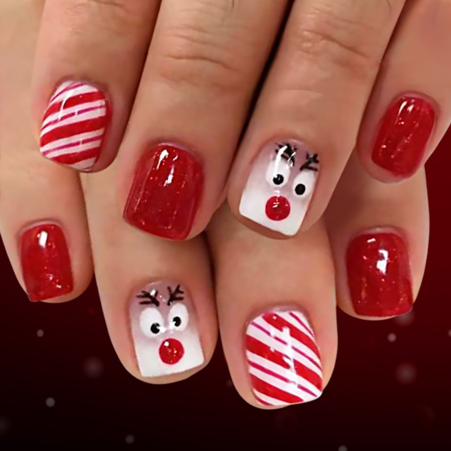 48pcs Of Short Shiny Square Nail Christmas Nail Art With Red And And Sparkling Pink, Cute Reindeer Wearing Nail Pieces, Suitable For Year