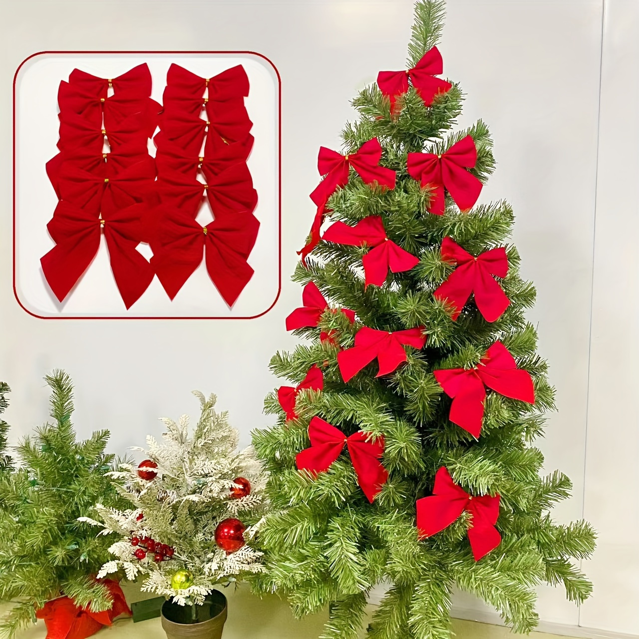 

12- Red Christmas Tree Bows, , Plastic & , No Or Batteries Needed, Featherless, For Universal Christmas Tree