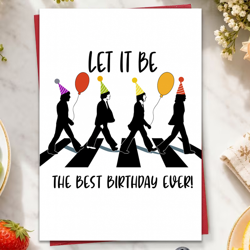 TEMU 1 Music Birthday Card " Best Birthday Ever," Featuring A Silhouette Of 4 People Crossing , Balloons, And Music-themed Text Design. Suitable As A