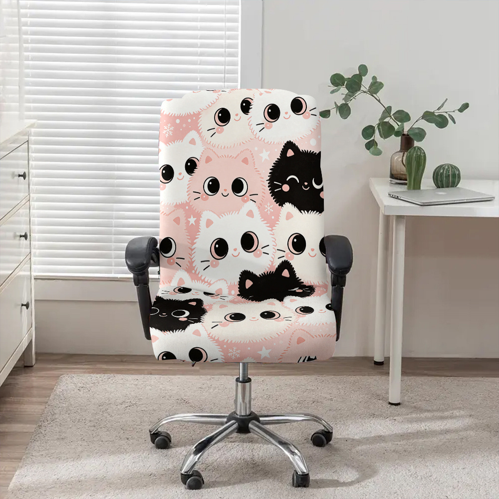 TEMU 1 Housse de chaise de bureau pour ordinateur avec motif de chats mignons et blanc sur fond rose, tissu en fibre de lait avec élastique amovible