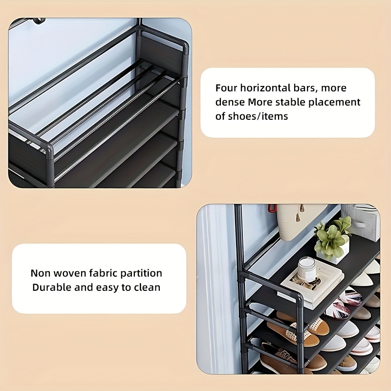 Heavy-Duty 5-Tier Metal Shoe Rack with Hooks | Thickened Double-Layer Storage Design, Stable, Durable And Pressure-Resistant | Multifunctional Storage Rack for Entryway/Corridor/Bedroom/Office, Integrated Storage for Shoes, Hats, Bags And Umbrellas