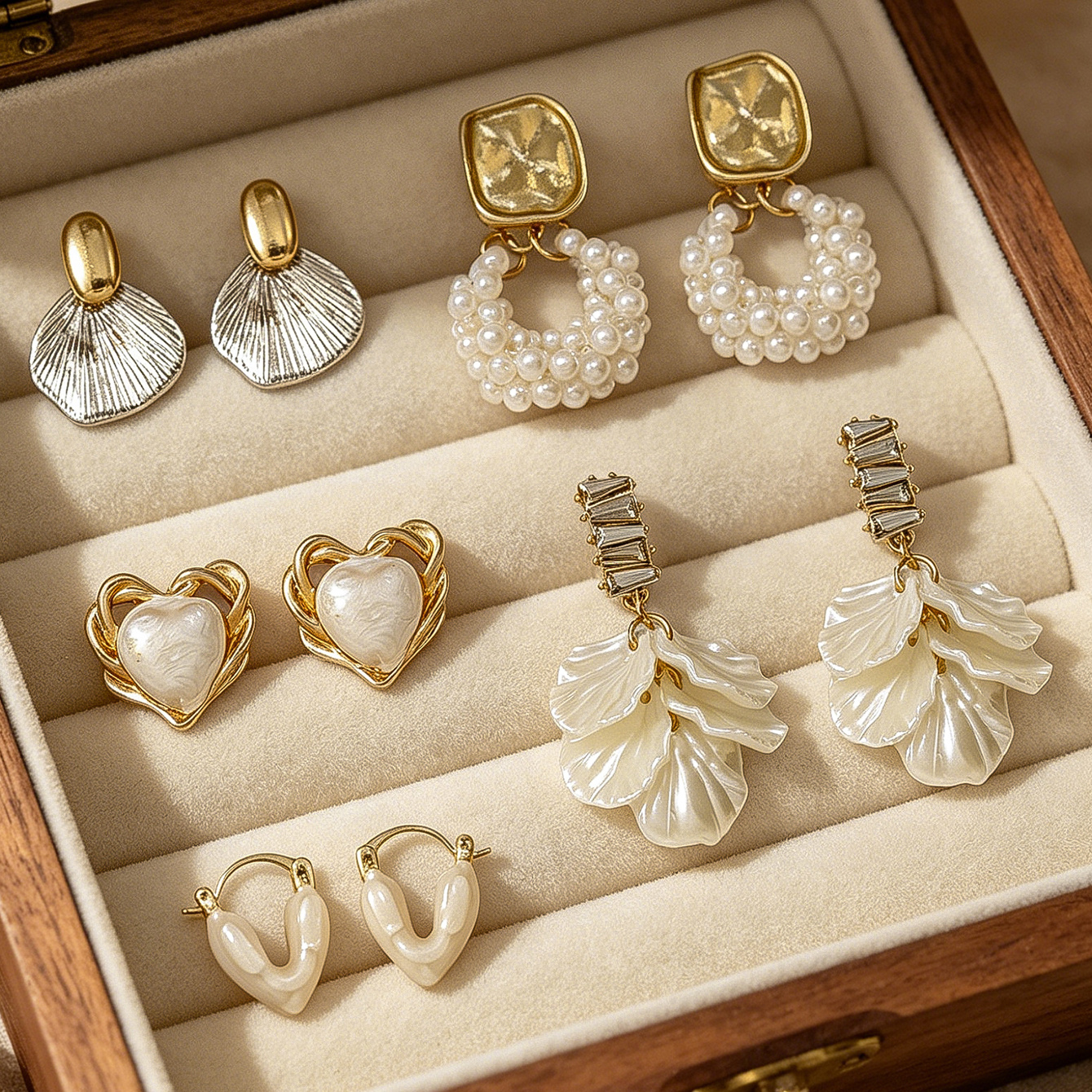 TEMU A Set Of 5 Pairs Of Elegant And Cute Floral Heart-shaped Stud Earrings For Women, Featuring Artificial Seashell And Designs. Stylish And