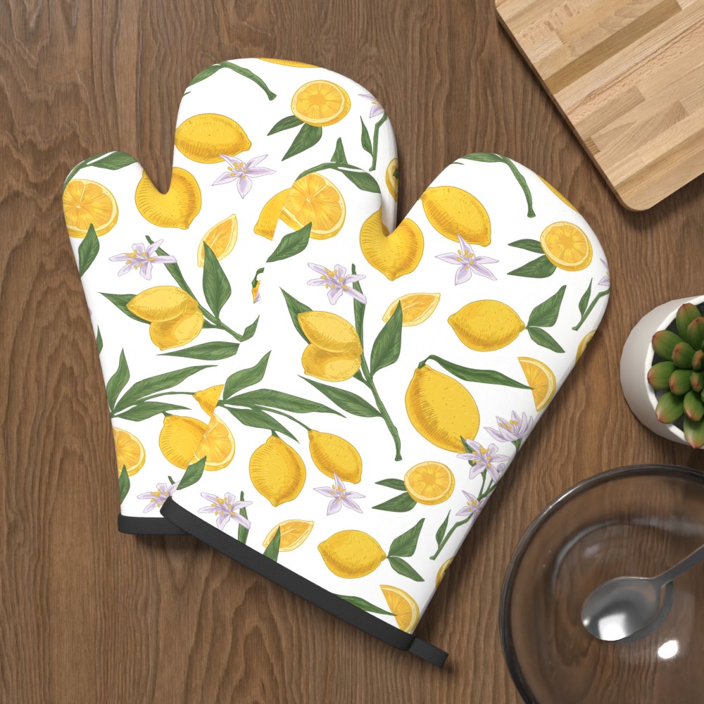 2pcs 10.6*6.7in Lemon Pattern Oven Mitts Slip Resistant Heat Shield Sunny Hues Baking Present For Daily Kitchen Oven Microwave Kitchen Decor Cooking Baking Camping Np