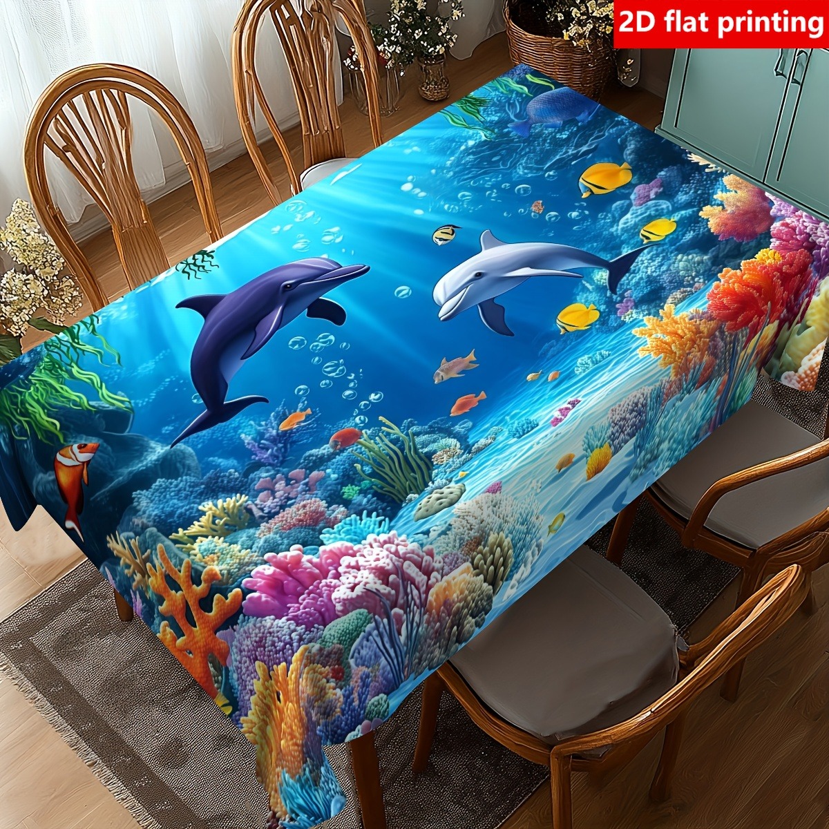 TEMU 1pc 2d Flat Party Tablecloth/home Kitchen/party Supplies/wedding Party 2d Flat Printing, Single Unit Ocean Dolphin Coral Seaweed Pattern