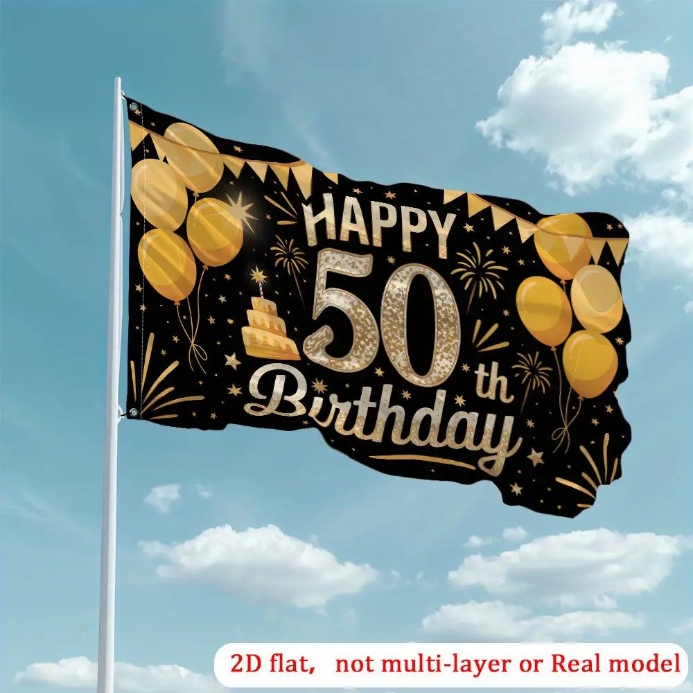 TEMU 2d Flat, 2d Printing Garden Flag Golden Anniversary Garden Flag - Happy Birthday Decoration With Golden Balloons, Black Background - Durable