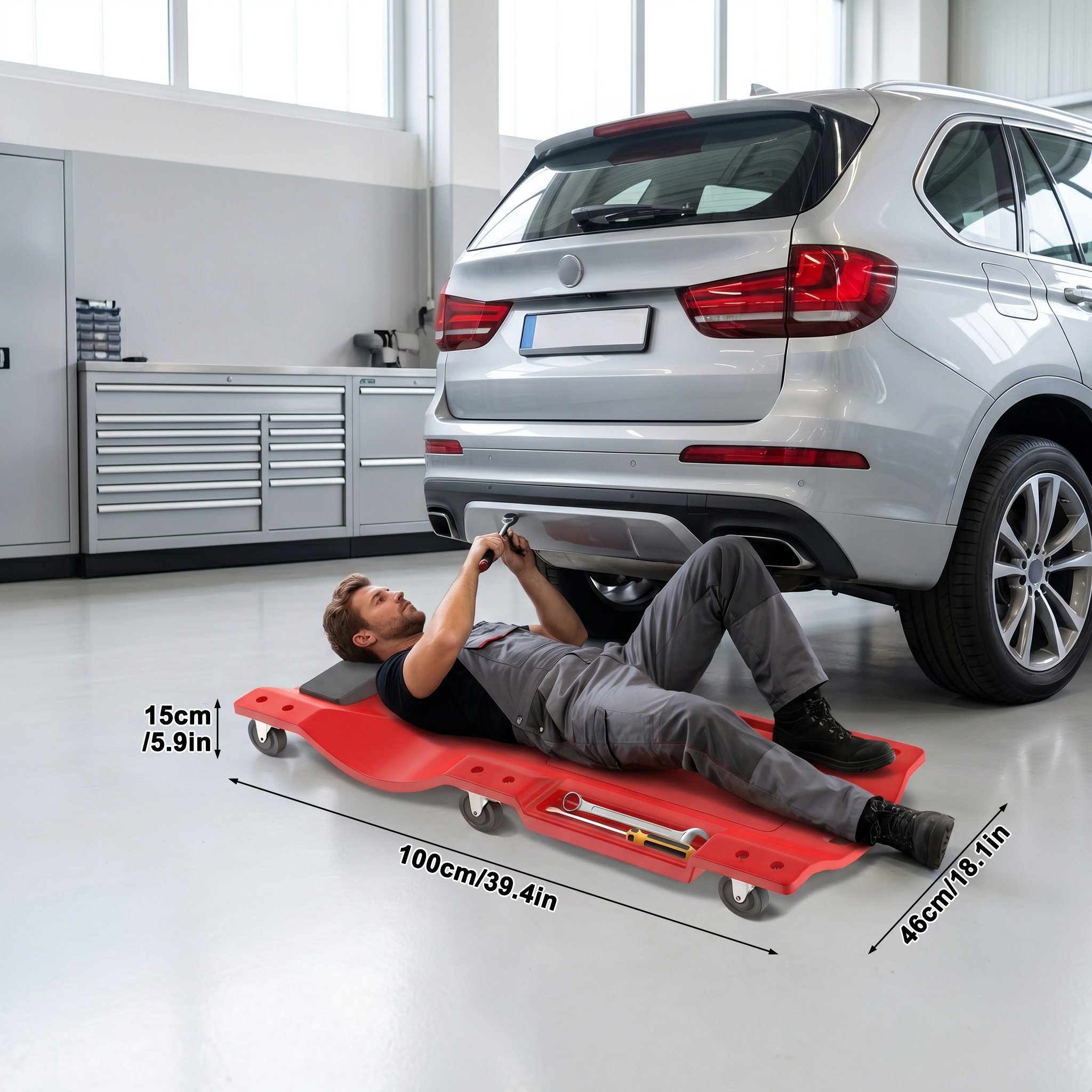 Mechanic Creeper Repair Lying Board, 6 Swivel Casters Heavy Duty Creeper With Padded Headrest And Side Trays For Garage Undercarriage Maintenance