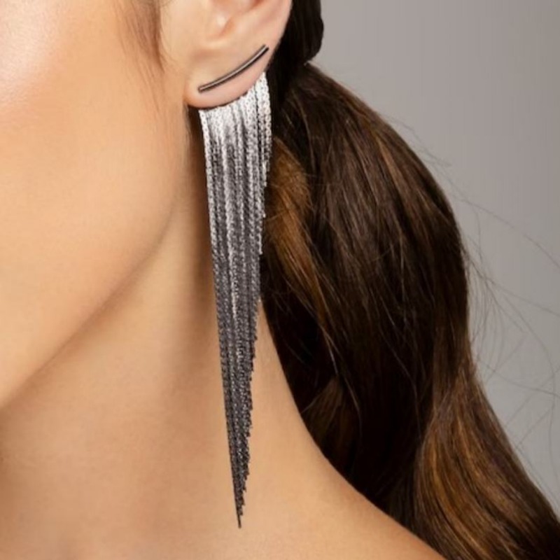 Image of Sparkle Gunmetal Earrings, Fashionable Irregular Tassel Shaped Earrings For Women, High Party Jewelry Gunmetal Tassel Fringe Earrings Extra Long