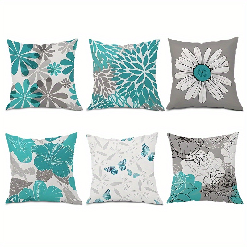 TEMU Set Of 6 Floral Pillow Covers, Bohemian Style, Blue Floral Pattern Cushion Covers, Square Sofa Lumbar Pillow Covers, Single-sided Print,
