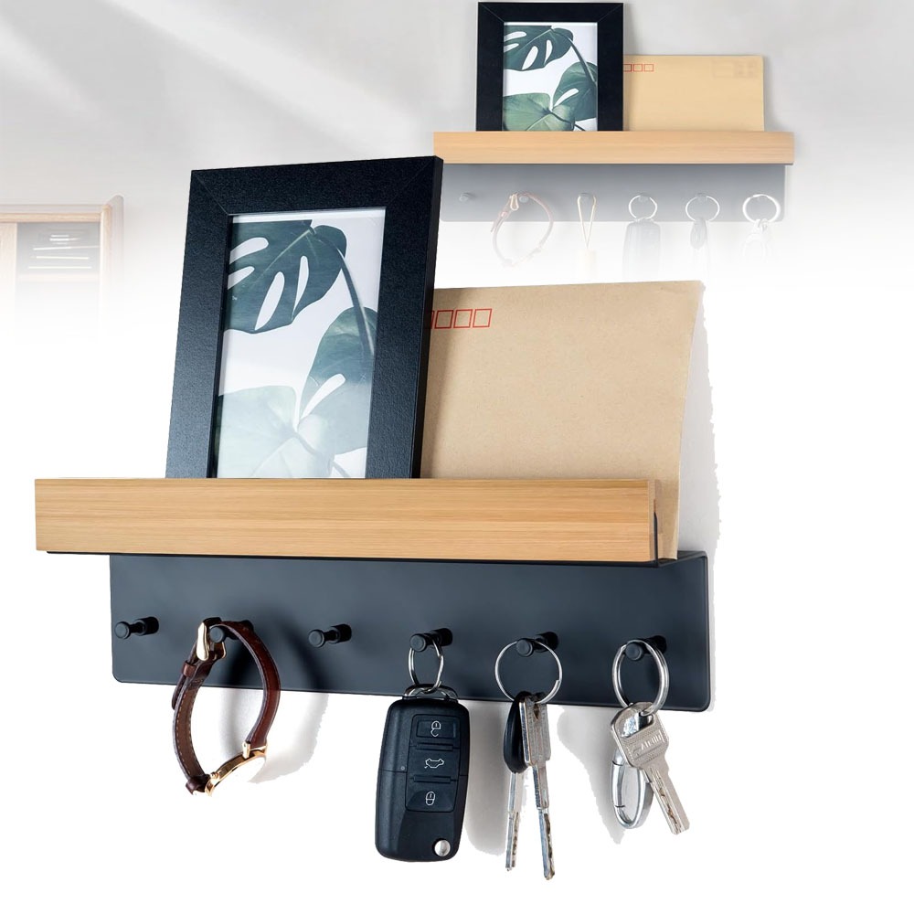 Image of Wall Key Rack With Wooden Tray And 5 Hooks, Key Rack With Storage For Hallway, Multifunctional Key Holder For Entrance Hall, Hallway, Bedroom, Living Room