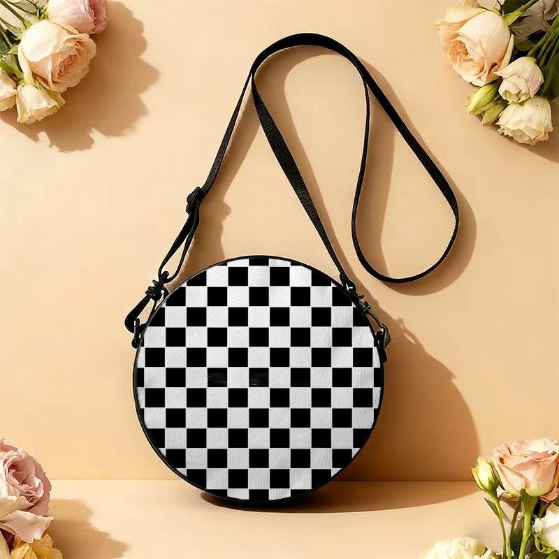 TEMU Ladies' Shoulder Bag, ()1pcs And White Checkerboard Pattern 2d Printed, Adjustable Shoulder Strap, Zipper Closure, Casual And Fashionable