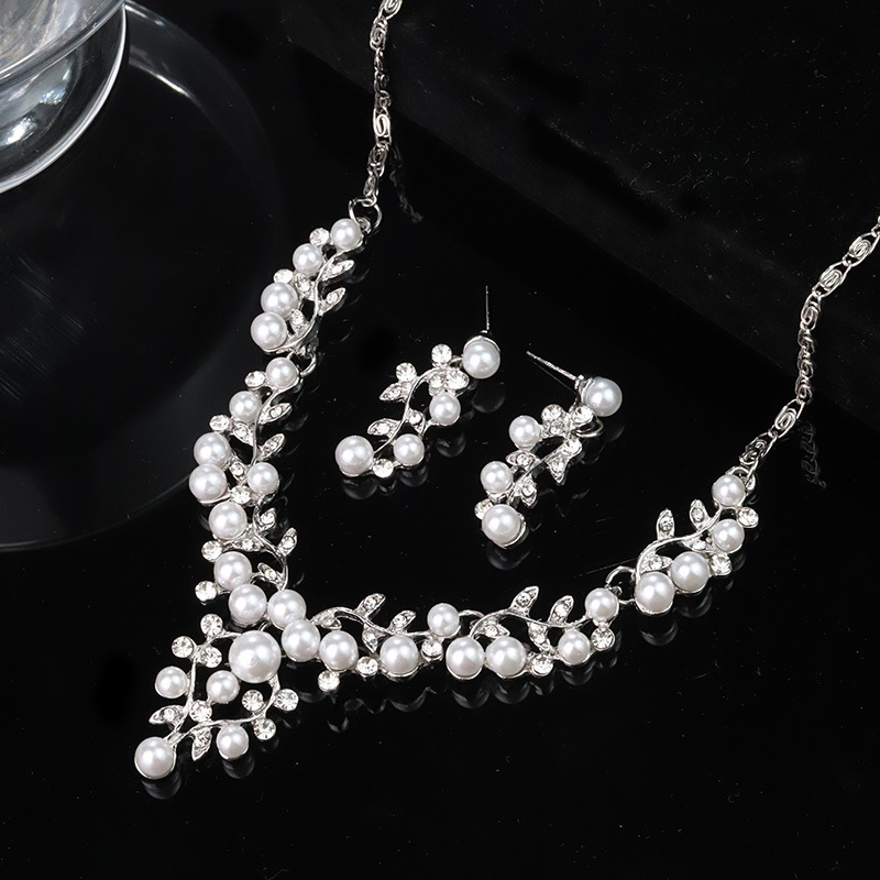 TEMU Parure 2 pièces boucles d'oreilles et collier incrustés de fleurs et de feuilles , style vintage simple, accessoires de mariée , ensemble de