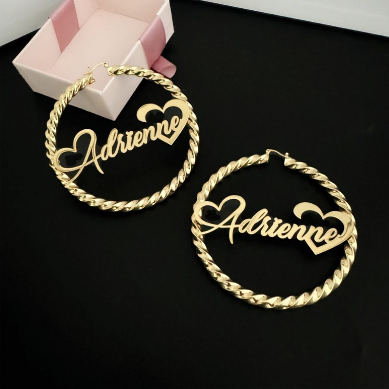 TEMU Personalized Name Twist Hoop Earrings - Custom Letter Hoops With Heart Accents, Golden-tone Durable Jewelry For Valentine's Day Gifts, Parties &
