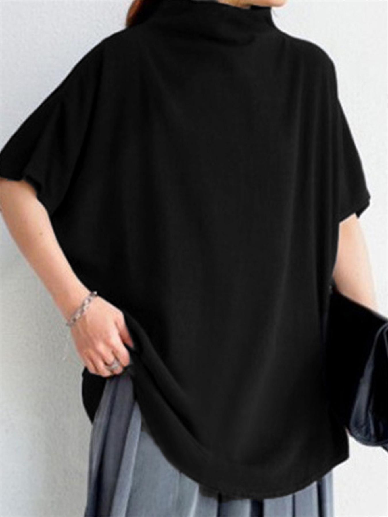 women breathable vintage   solid turtleneck batwing sleeve baggy lightweight short sleeve   commuter blouse 0