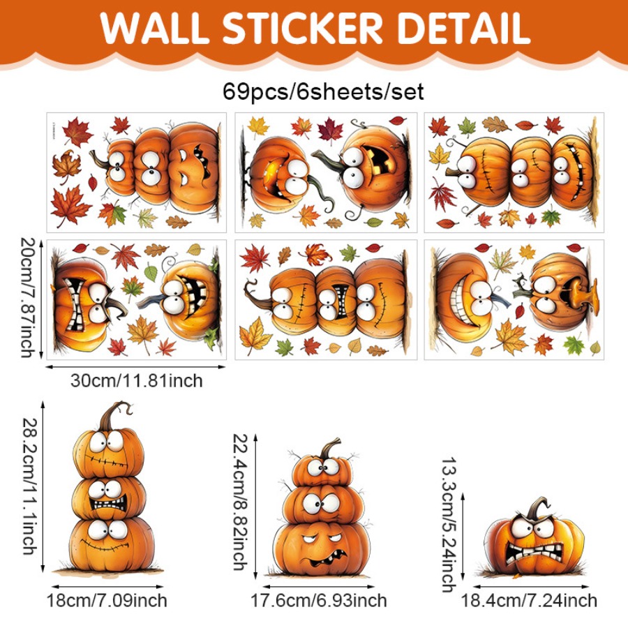 Image of 6pcs Removable Static Autumn Window Stickers, Different Pumpkin Lanterns, With Scattered Red- Leaves, Glass Stickers, Dual-use Decoration For And Halloween, Living Room Windows, Cafe