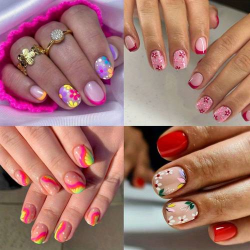 96pcs 4pcs short and vibrant colored nail patches with floral patterns spring summer and women