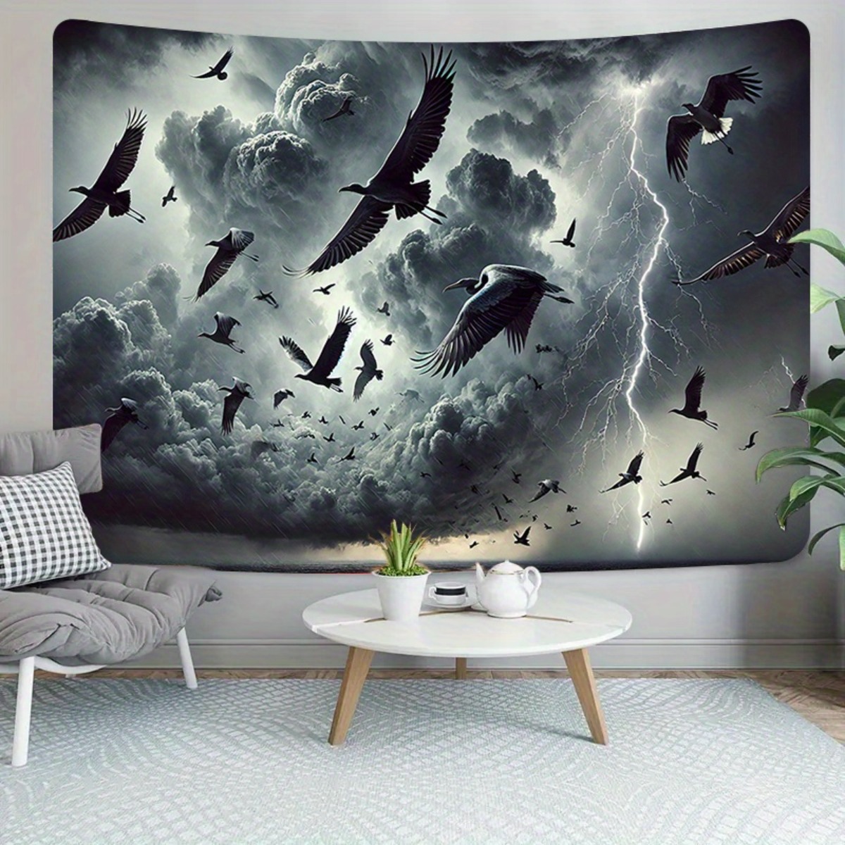 Large Fabric Wall Tapestry Storm Birds Thunderclouds Lightning_voghion.com