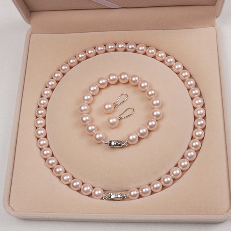 TEMU Ensemble de Bijoux S925 en Perles d'Eau Douce Naturelles - Collier, Bracelet et Boucles d'Oreilles Haute Brillance, Style Rétro, Doux et Élégant