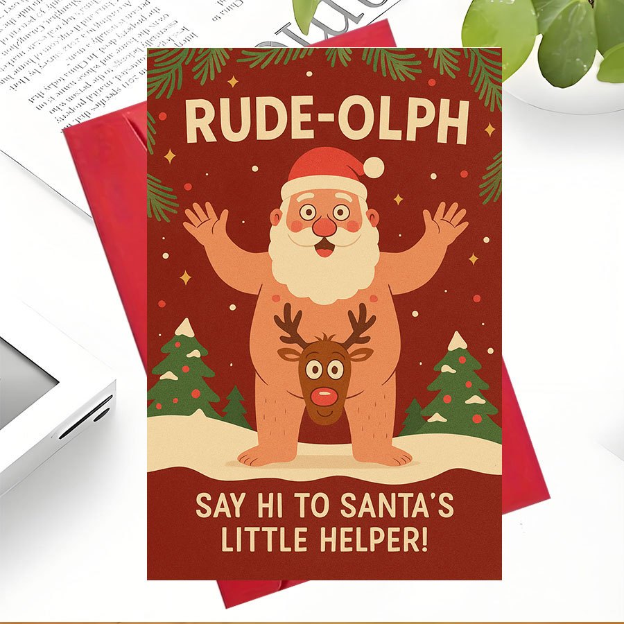 TEMU A Single Christmas Card Featuring A Quirky Design Of Santa And Reindeer, Ideal For Colleagues, , And Holiday Gift Exchanges, Filled With Festive