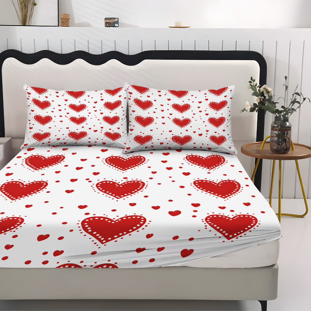 3pcs valentines day bedding set red hearts on white fitted sheet pillowcases soft mattress protector with deep pocket   to   machine washable   sheets for couples hotels dorms   design dorm essentials romantic decor durable construction hotel owners Product details 1