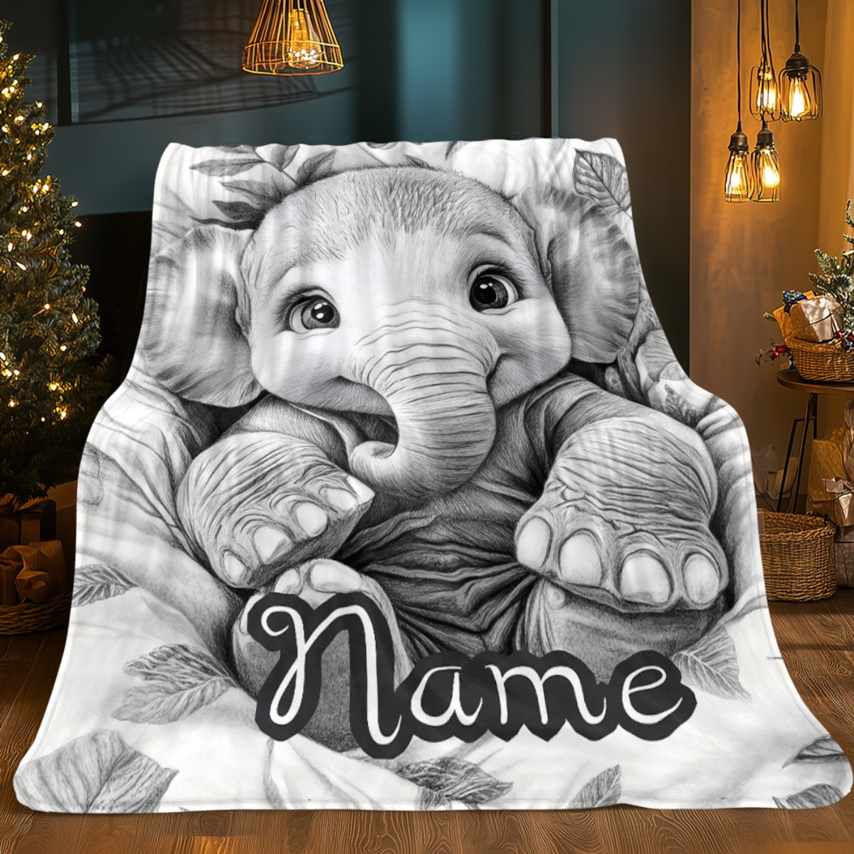 TEMU 1pc Custom Name Black And White Elephant Portable Blanket- Lightweight Throw For Sofa Bed Travel Camping, Livingroom Office Couch Chair, And Bed