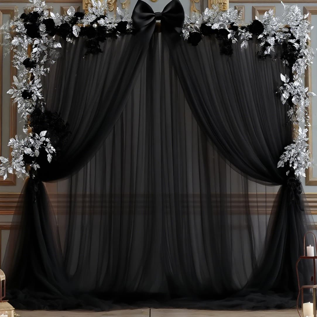 TEMU 2pcs Halloween And Christmas Party Backdrop Curtain - 300x150cm Black Soft Polyester Mesh Fabric, Suitable For Weddings, Graduations, And Other